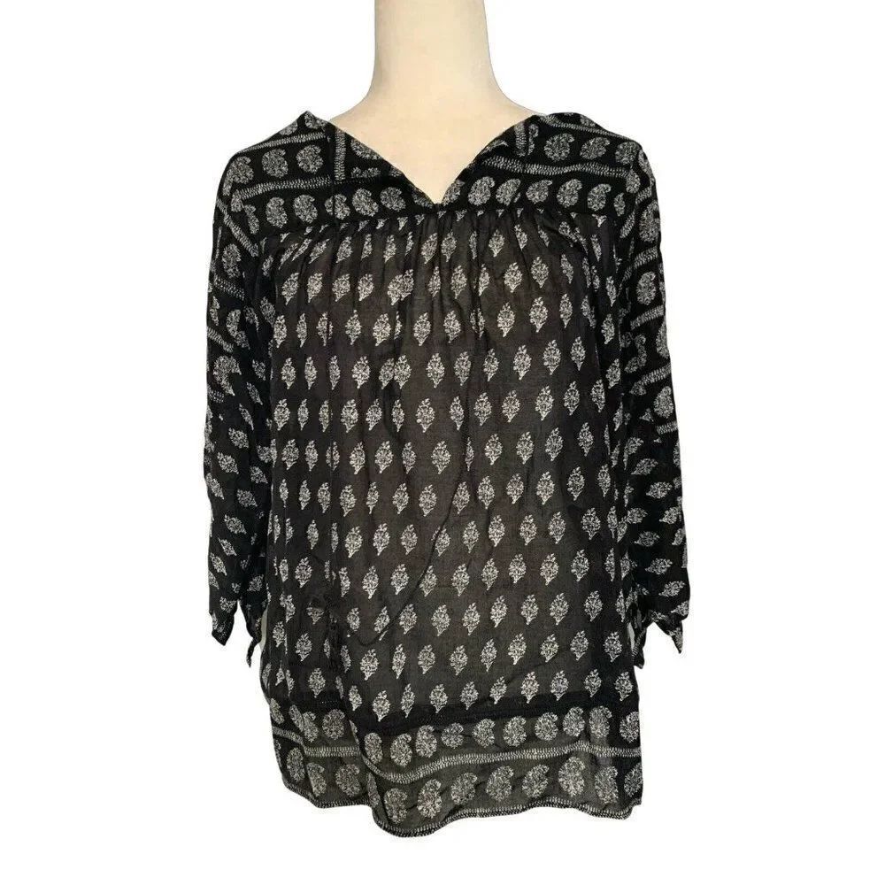 madewell womens black white bohemian long sleeve top xs